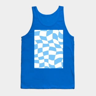 Distorted Sky Blue and White Check Wavy Grid Tank Top